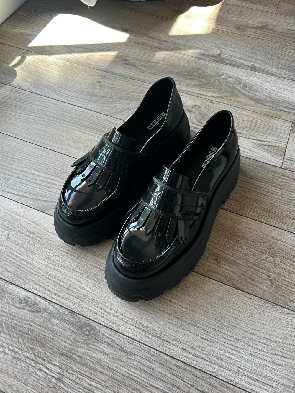 Melissa Black Patent Platform Kiltie Loafers